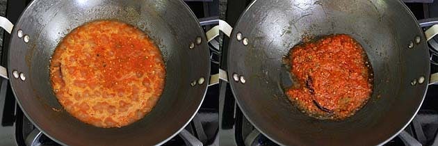 Collage of 2 images showing simmering tomato gravy and cooked.