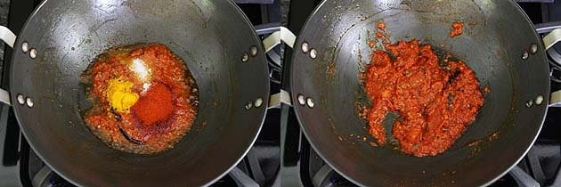 Collage of 2 images showing adding and mixing spice powders.