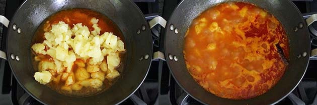 Collage of 2 images showing adding potatoes and water, simmering gravy.