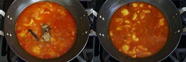 Collage of 2 images showing adding and mixing garam masala and amchur.