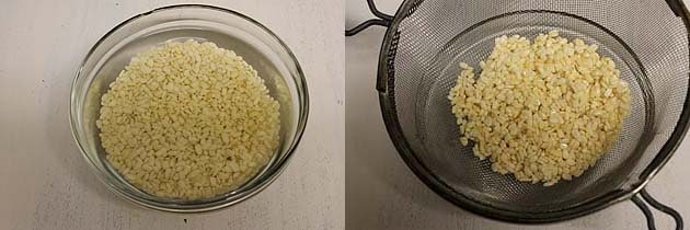 Collage of 2 images showing soaking urad dal and drained water.