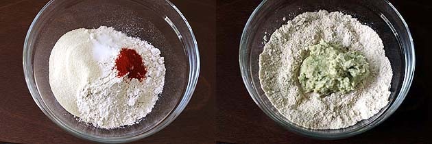 Collage of 2 images showing dry flour and spices in a bowl and paste is added.