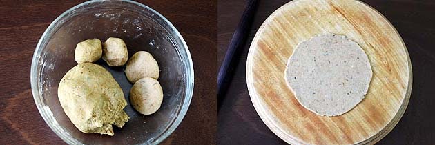 Collage of 2 images showing dough is divided into balls and rolled into puri.