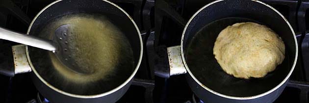 Collage of 2 images showing drying puri in the oil by pressing and puffed puri.