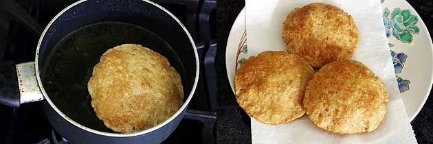 Collage of 2 images showing fried bedmi puri and removed on a plate.