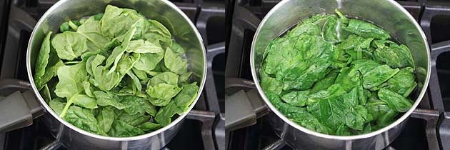 Collage of 2 images showing adding spinach in hot water and cooked spinach.