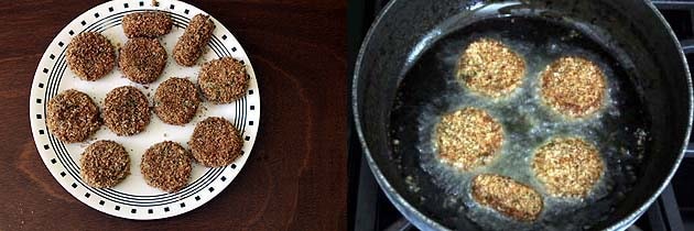 Collage of 2 images showing all kababs are breaded and frying into oil.