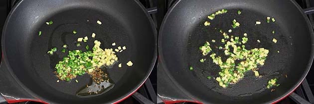 Collage of 2 images showing adding and sauteing ginger and green chili.