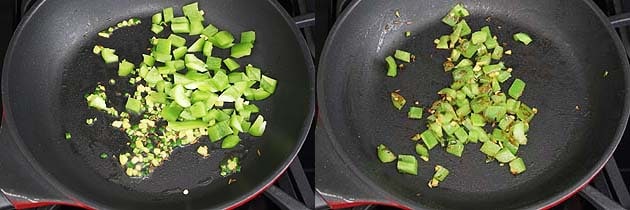 Collage of 2 images showing adding and cooking green pepper.