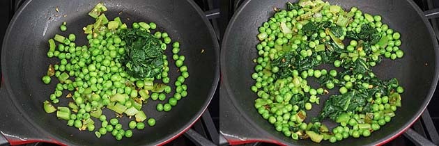 Collage of 2 images showing adding and mixing green peas and cooked spinach.