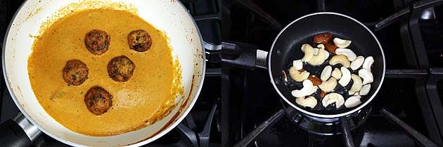 Collage of 2 images showing adding kofta into gravy and adding cashew, almonds in hot ghee.