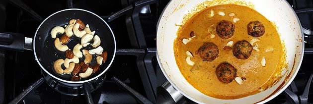 Collage of 2 images showing fried nuts and adding to veg kofta curry.