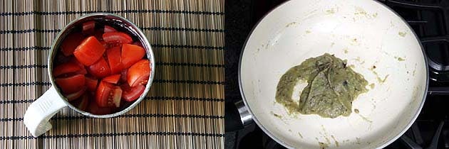 Collage of 2 images showing tomatoes added into the grinder and cooked onion paste.