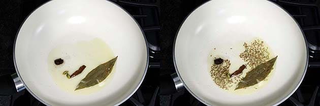 Collage of 2 images showing tempering whole spices and cumin seeds.
