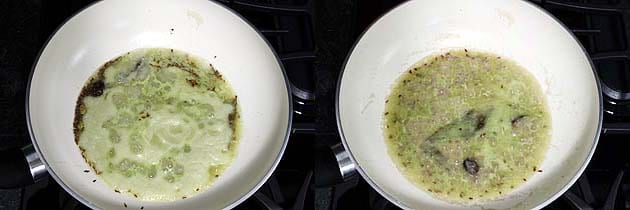 Collage of 2 images showing adding and simmering onion paste.