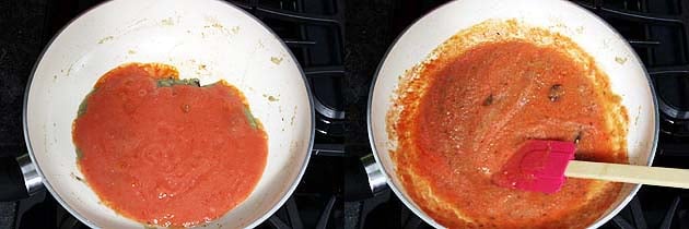 Collage of 2 images showing adding and mixing tomato puree.