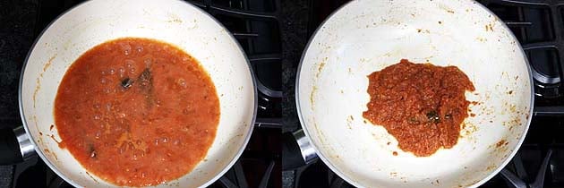 Collage of 2 images showing simmering gravy and cooked paste.