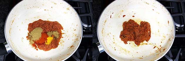 Collage of 2 images showing adding and mixing spice powders.