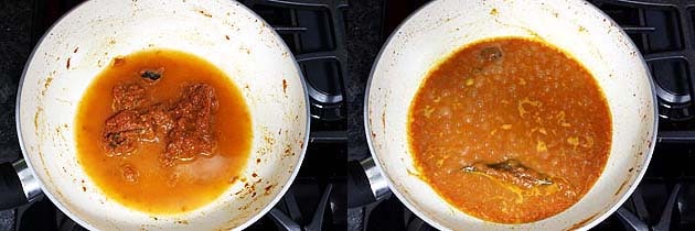 Collage of 2 images showing adding water and simmering gravy.