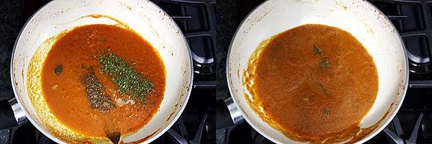 Collage of 2 images showing adding and mixing kasoori methi and garam masala.