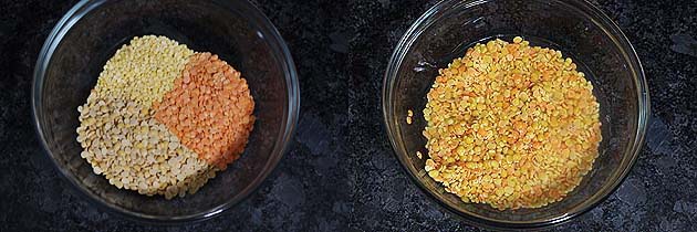 Collage of 2 images showing three dals in a bowl and rinsed.