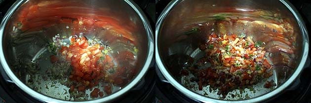 Collage of 2 images showing adding and mixing chopped tomatoes.