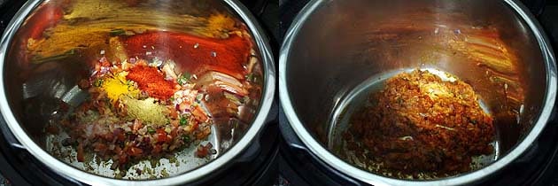 Collage of 2 images showing adding and mixing spice powders.