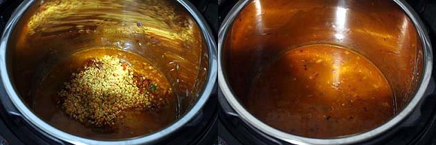 Collage of 2 images showing adding rinsed dal and water.