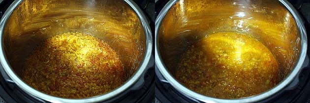 Collage of 2 images showing cooked dal and stirred. 