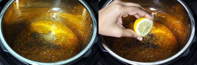 Collage of 2 images showing adding garam masala, kasoori methi and squeezing lemon juice.