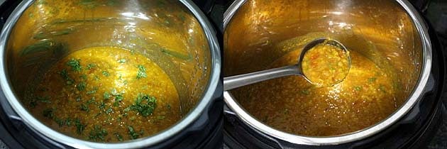 Collage of 2 images showing adding cilantro and taking a ladleful dal fry.