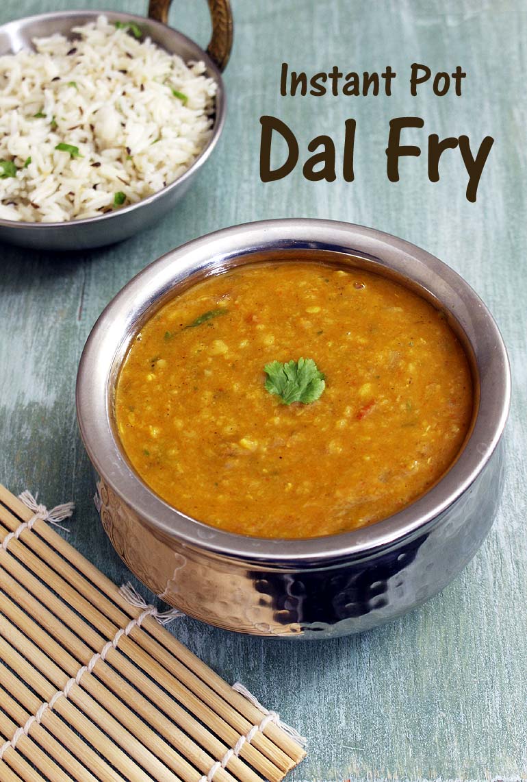 Instant Pot Dal Fry served with jeera rice in the back.