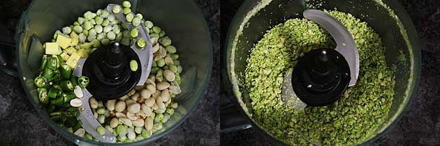 Collage of 2 images showing adding lilva, ginger and green chili in a food processor and crushed.