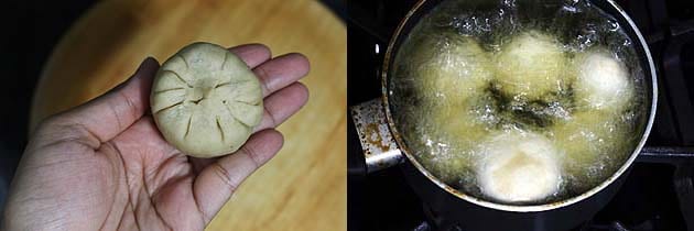 Collage of 2 images showing shaping kachori and frying in oil.