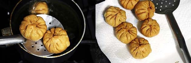 Collage of 2 images showing taking fried kachori out from the oil and placed on a plate.