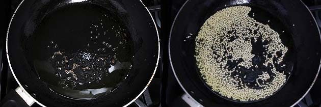 Collage of 2 images showing tempering spices and sesame seeds.