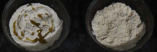 Collage of 2 images showing adding oil and mixed into the flour.