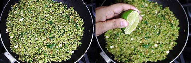 Collage of 2 images showing squeezing lime juice and ready kachori mixture.