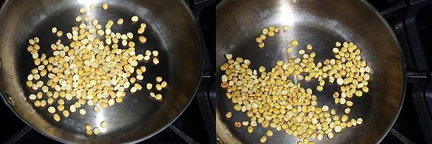 Collage of 2 images showing roasting and roasted chana dal.