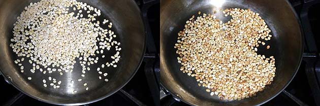 Collage of 2 images showing adding urad dal and roasted dal.