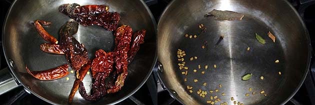 Collage of 2 images showing roasting dried chilies and whole spices.