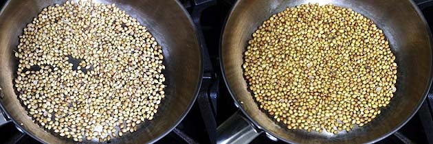 Collage of 2 images showing adding coriander seeds and roasted seeds.