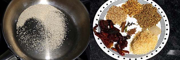 Collage of 2 images showing roasting poppy seeds and all roasted dal and spices in a plate.