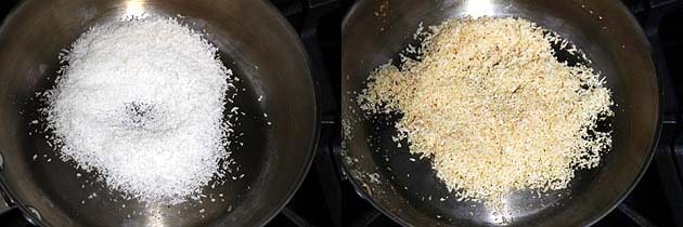 Collage of 2 images showing adding dry coconut and roasted coconut.