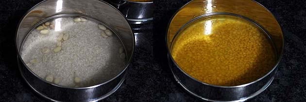 Washed dal and rice in separate containers