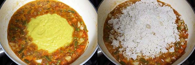 add cooked dal and rice to veggie mixture