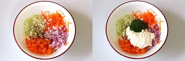 Collage of 2 images showing veggies in a bowl, adding chutney and mayonnaise.