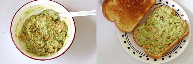 Collage of 2 images showing sandwich mixture and spreading on toasted bread.