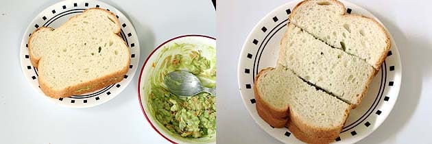 Collage of 2 images showing making veg mayo sandwich using non-toasted bread.