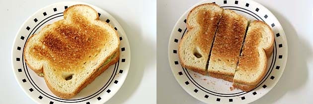 Collage of 2 images showing placing another toasted bread and cutting into three.